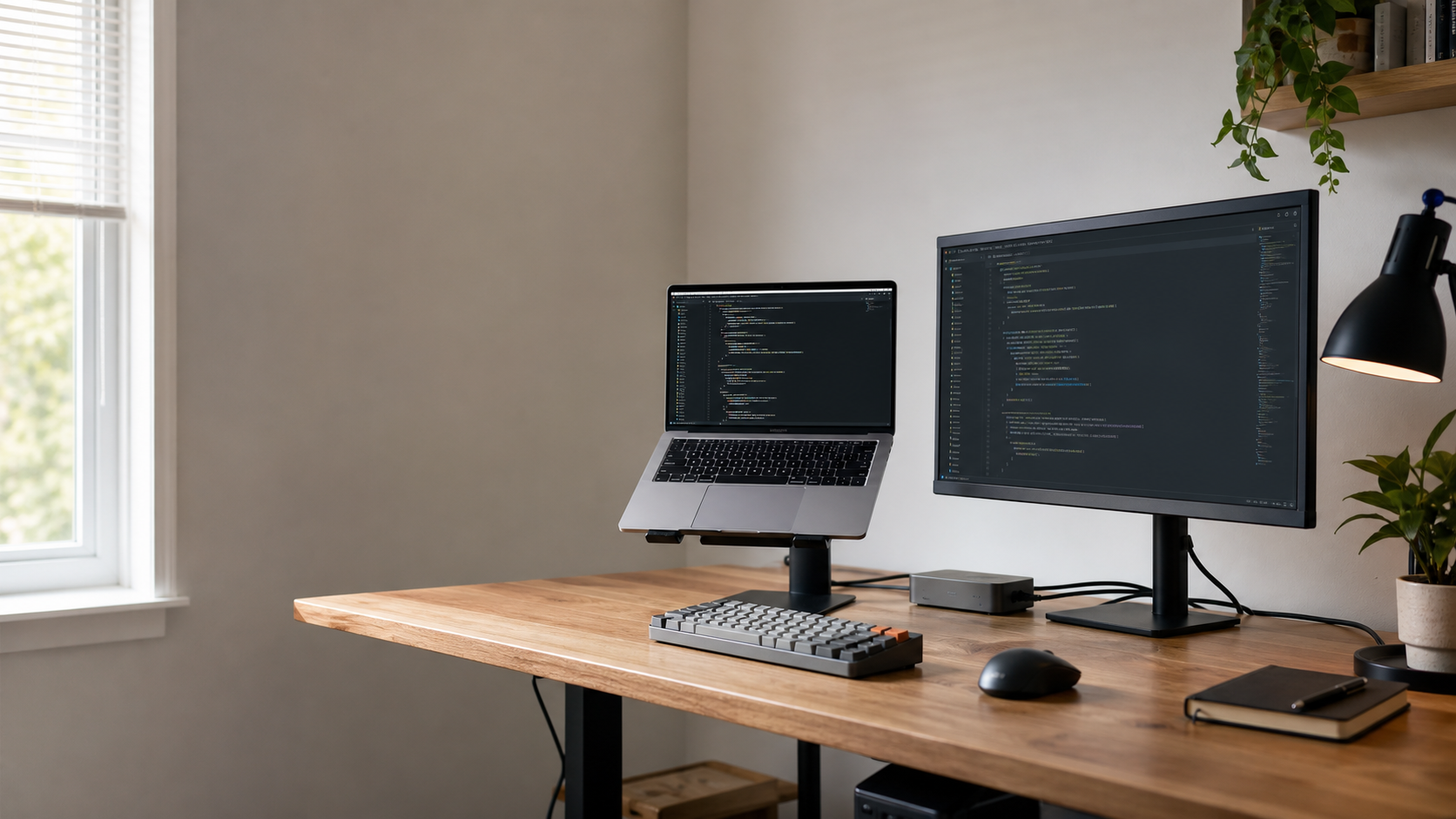 A clean developer desk setup with laptop, monitor, keyboard, dock, and lamp